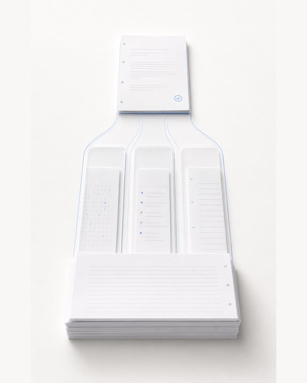 A stack of answer sheets branches into three parallel review lanes and reunites as a checked result.