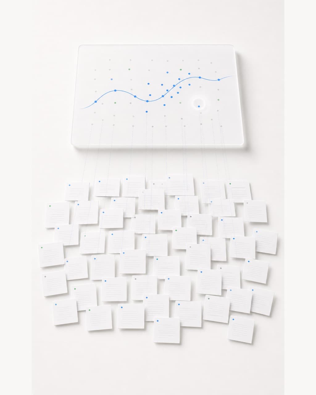 Reviewed student papers resolve into a class-level pattern of points and a trend line.