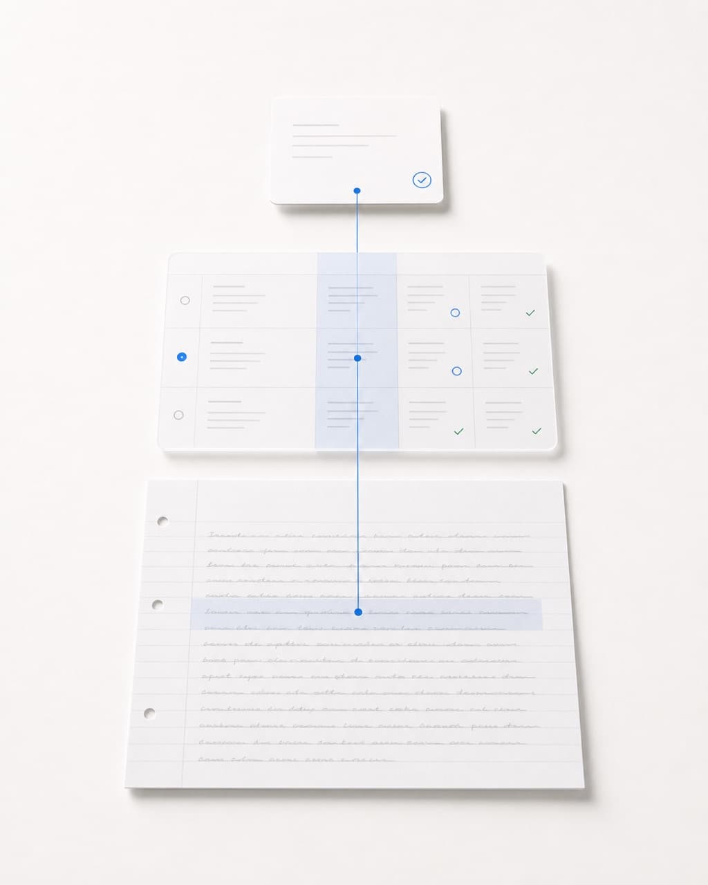A blue evidence line connects a student response, rubric cell, and reviewed decision.