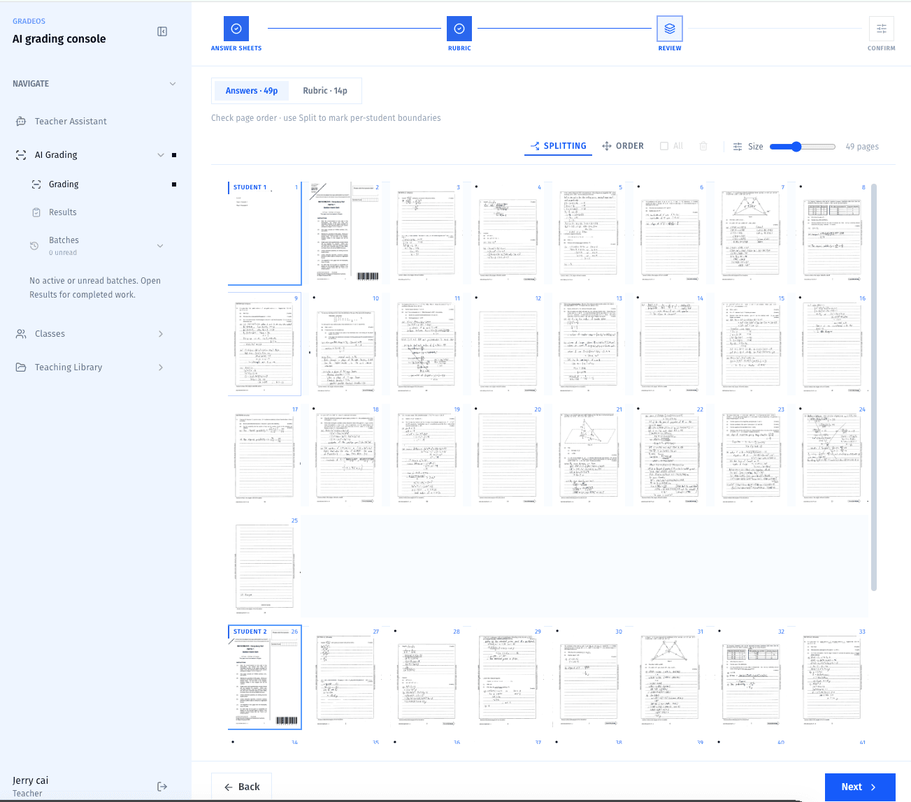 GradeOS page splitting and ordering screen.