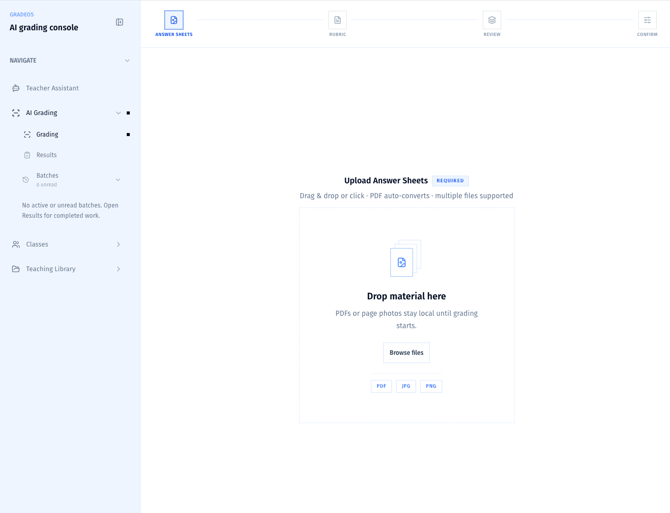 GradeOS answer-sheet upload screen.